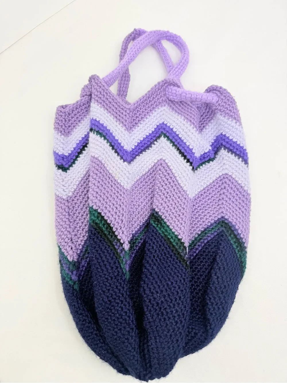 Hand Crafted Purple Striped Knit Tulip Shape Drawstring Strap Hobo Slouch Bag